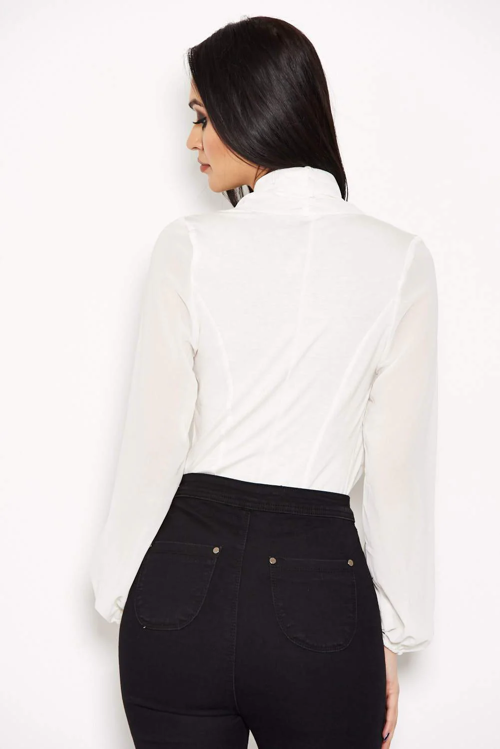 Cream Mesh Detail Sleeved Bodysuit - Image 3