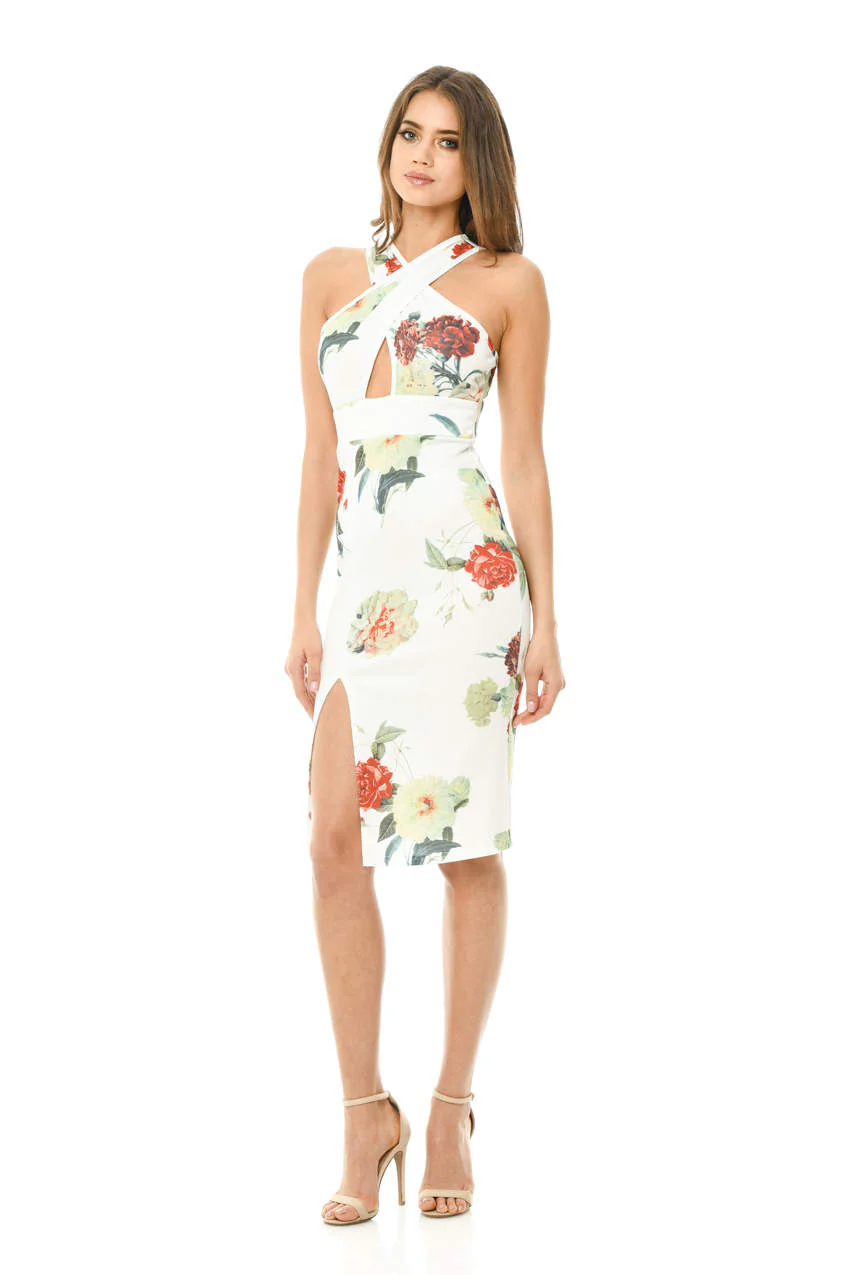 Cream Midi Dress with Floral Cross Front - Image 2