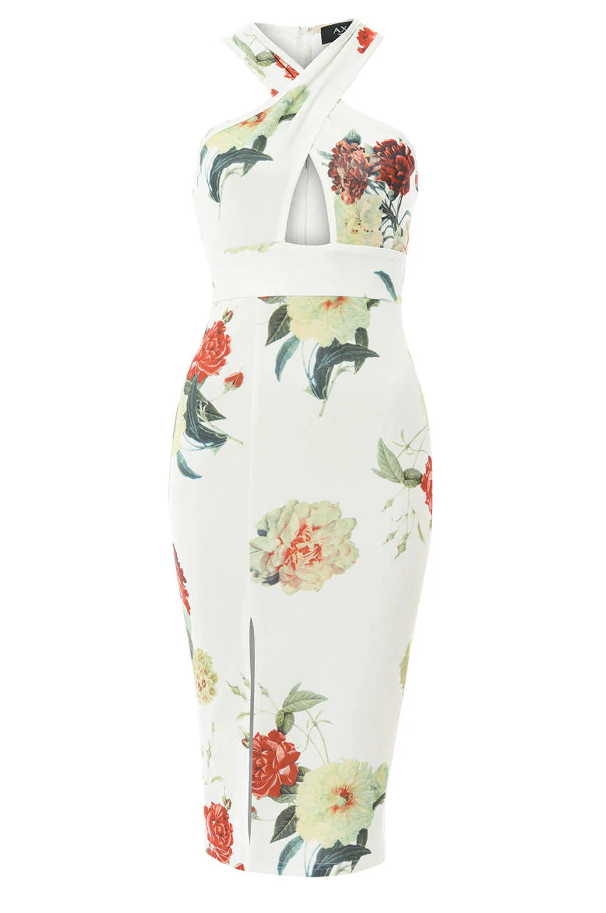 Cream Midi Dress with Floral Cross Front - Image 4