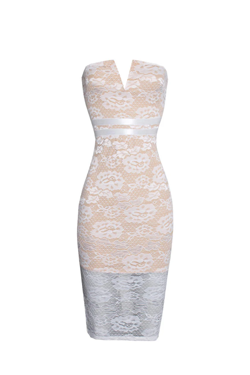 Cream Notch Front Lace Bodycon Midi Dress - Image 4