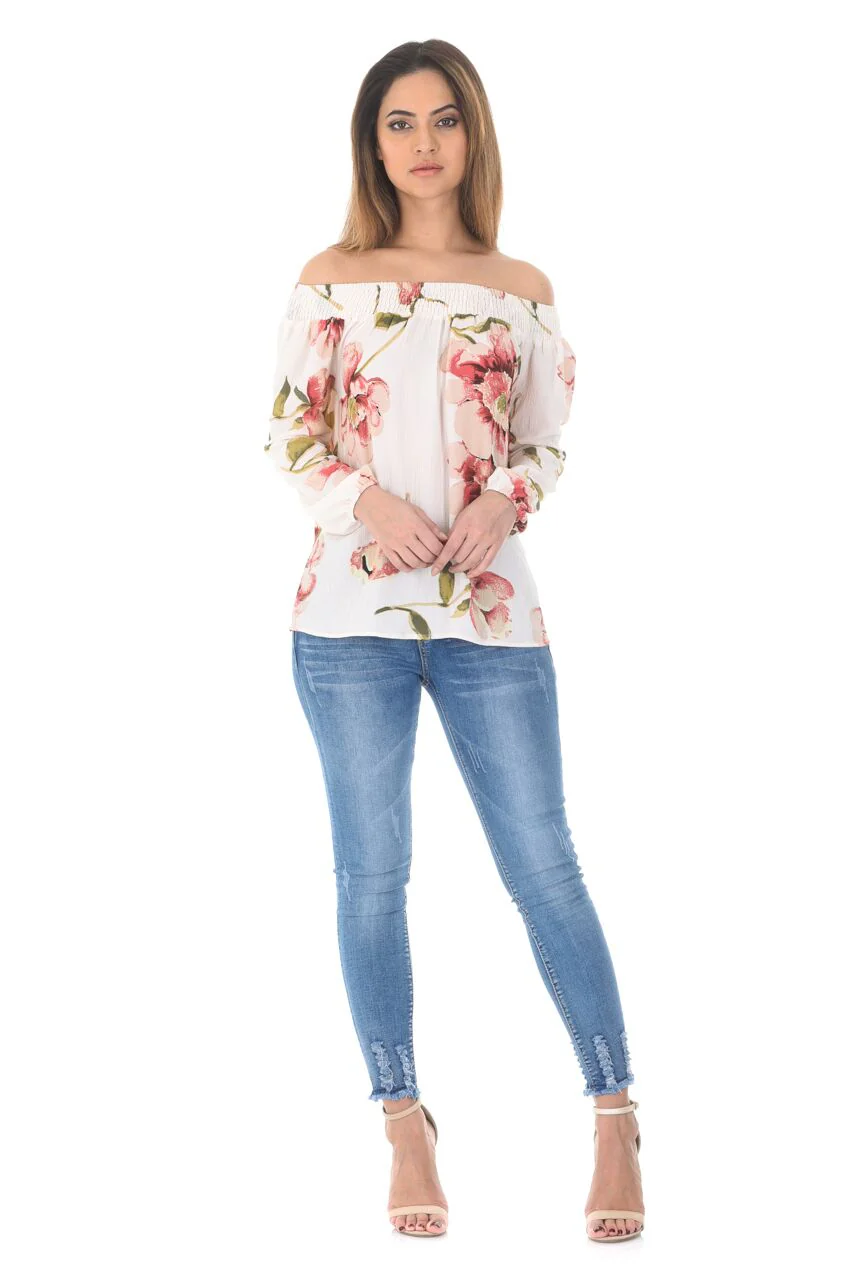 Cream Off The Shoulder Floral Top With Elastic Shoulder Detail - Image 2