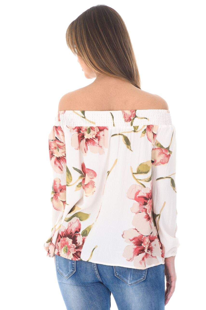 Cream Off The Shoulder Floral Top With Elastic Shoulder Detail - Image 3