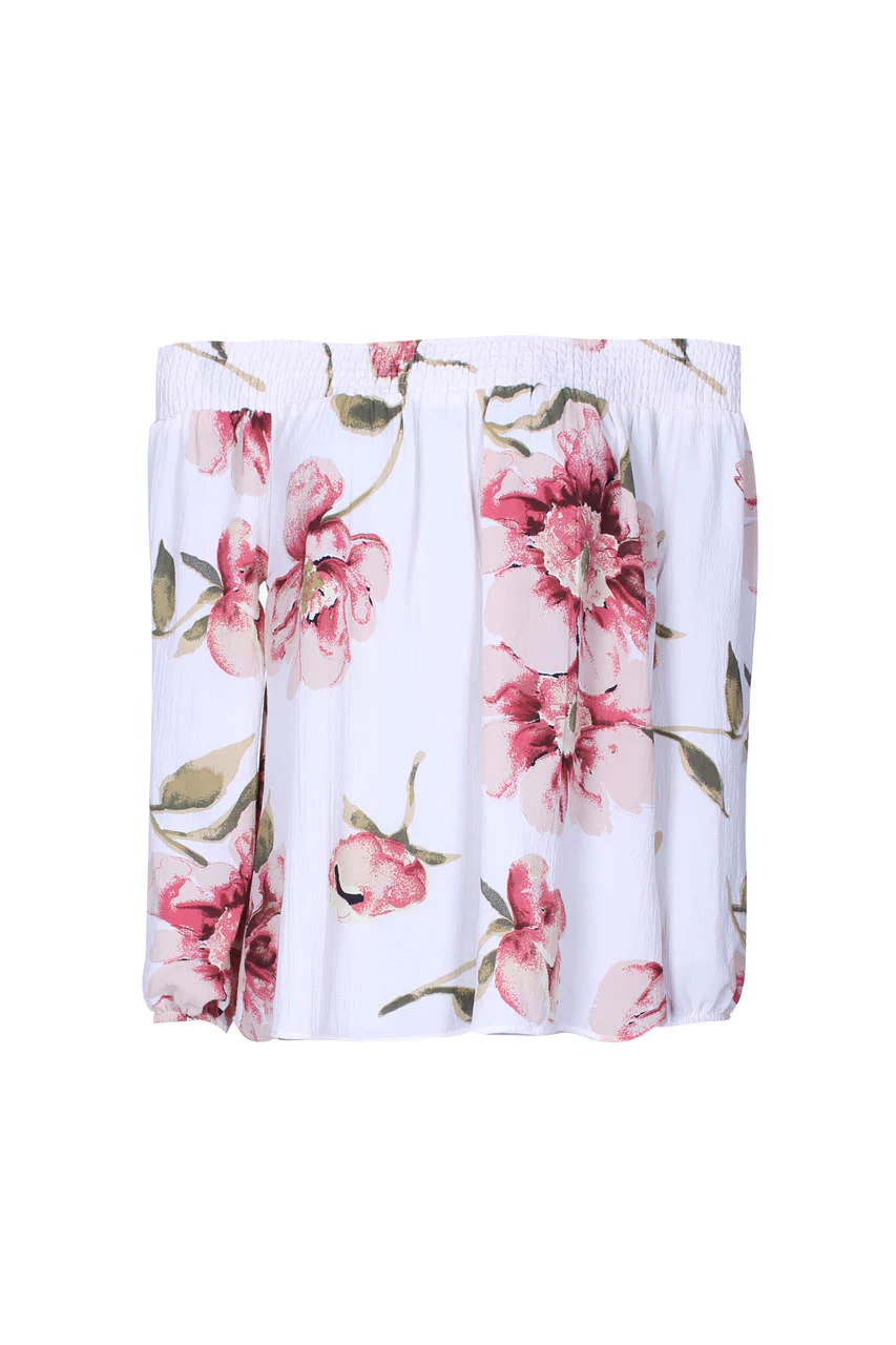 Cream Off The Shoulder Floral Top With Elastic Shoulder Detail - Image 4