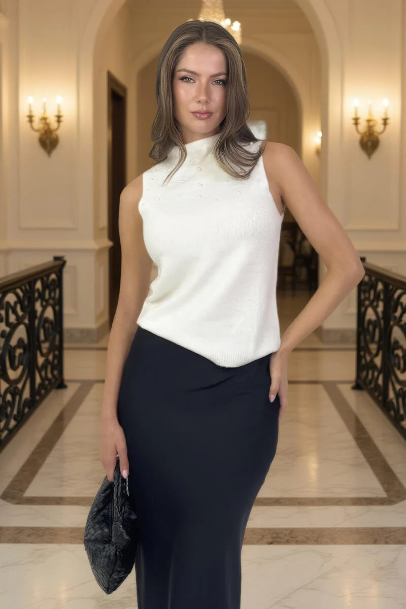 Cream Pearl Embellished High Neck Knit Vest