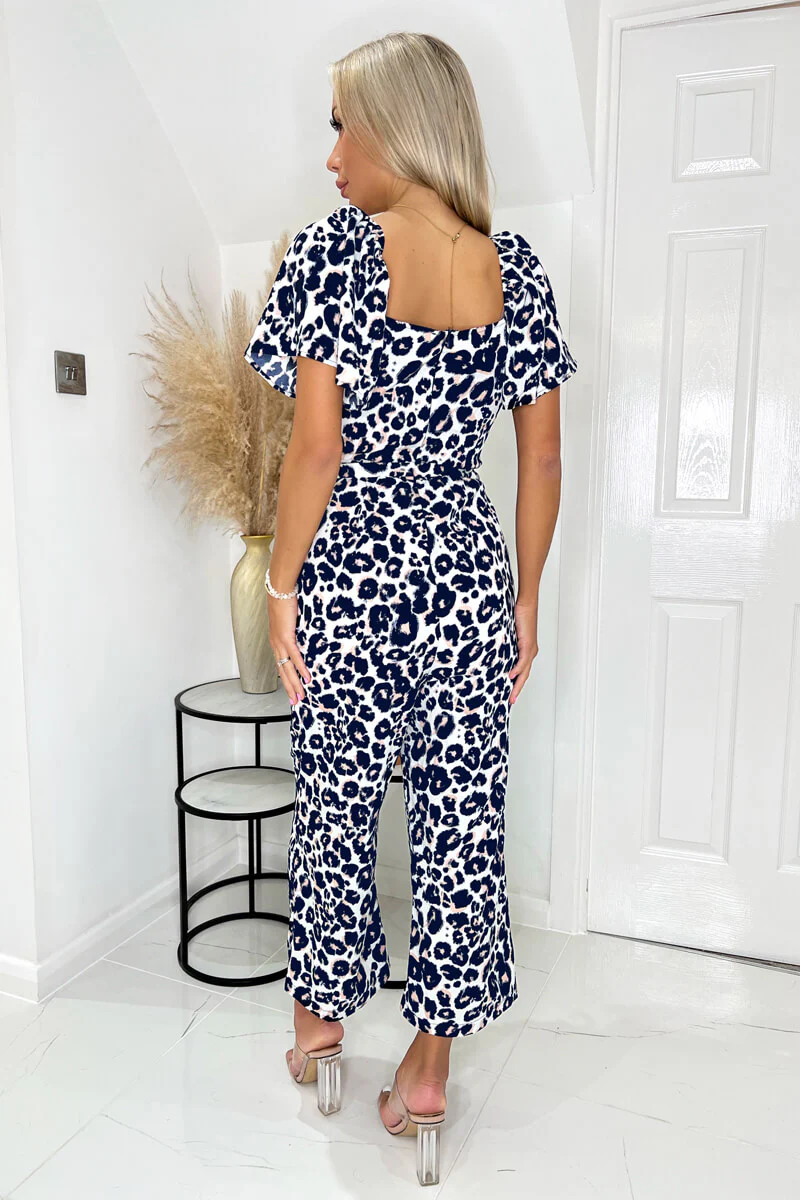 Cream Pink And Navy Animal Print Short Sleeve Tie Front Jumpsuit - Image 4