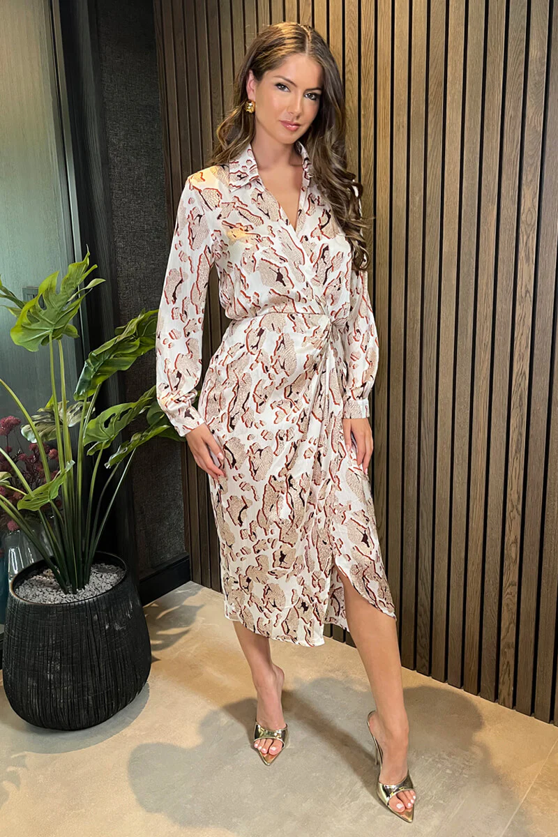 Cream Printed Collared Neck Wrap Midi Dress - Image 2