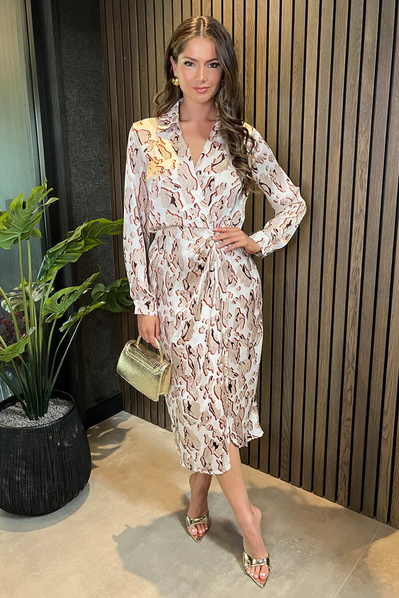 Cream Printed Collared Neck Wrap Midi Dress - Image 3