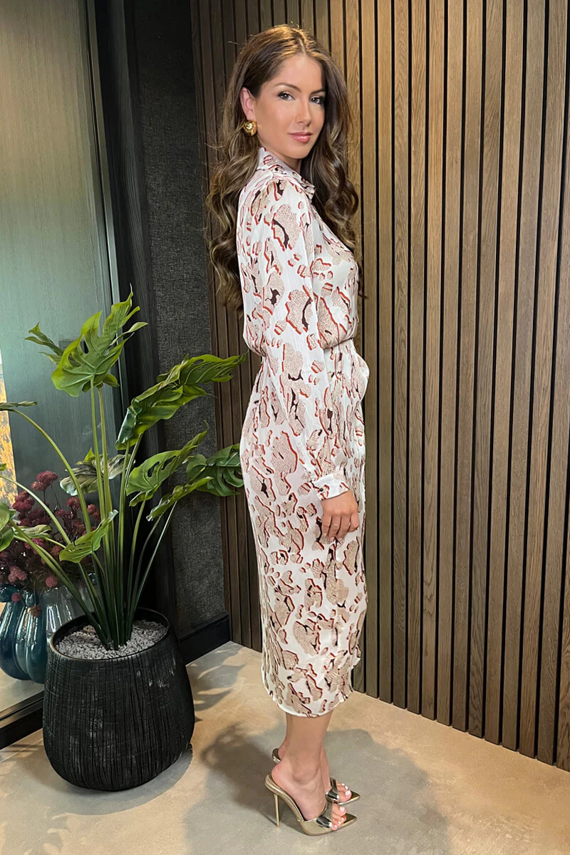 Cream Printed Collared Neck Wrap Midi Dress - Image 4
