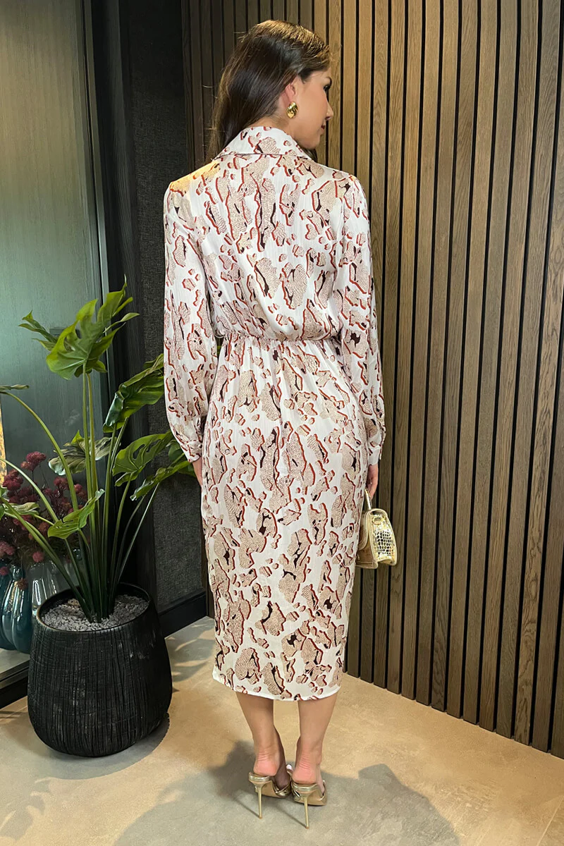Cream Printed Collared Neck Wrap Midi Dress - Image 5