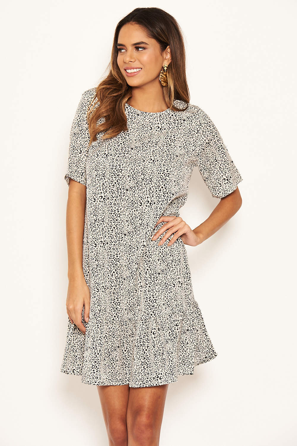 Cream Printed Frill Hem T-Shirt Dress - Image 3