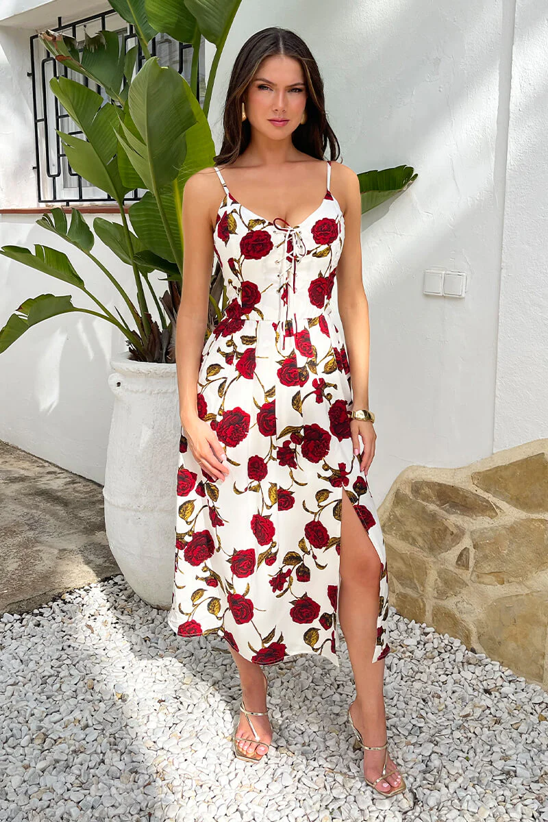 Cream Rose Printed Lace-Up Front Strappy Midi Dress - Image 3