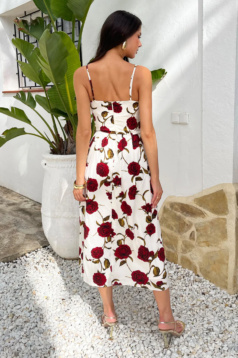 Cream Rose Printed Lace-Up Front Strappy Midi Dress - Image 5