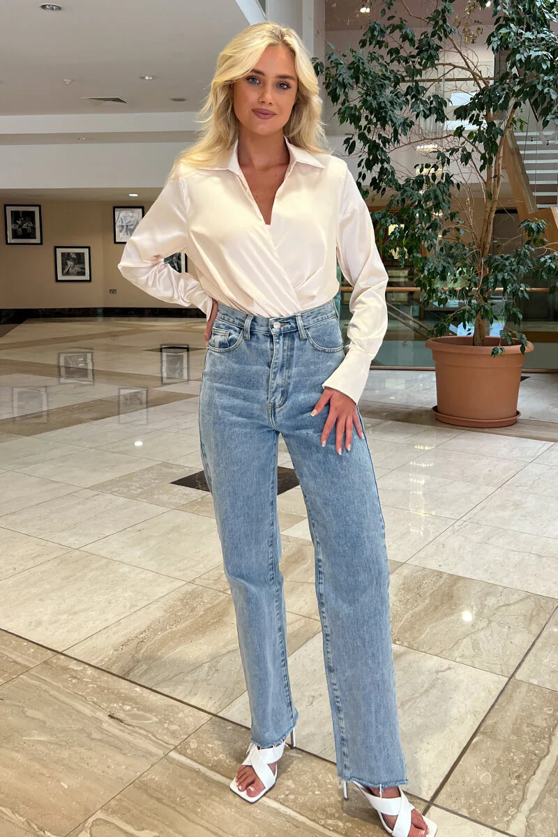 Cream Satin Wrap Shirt Bodysuit - Image 2
