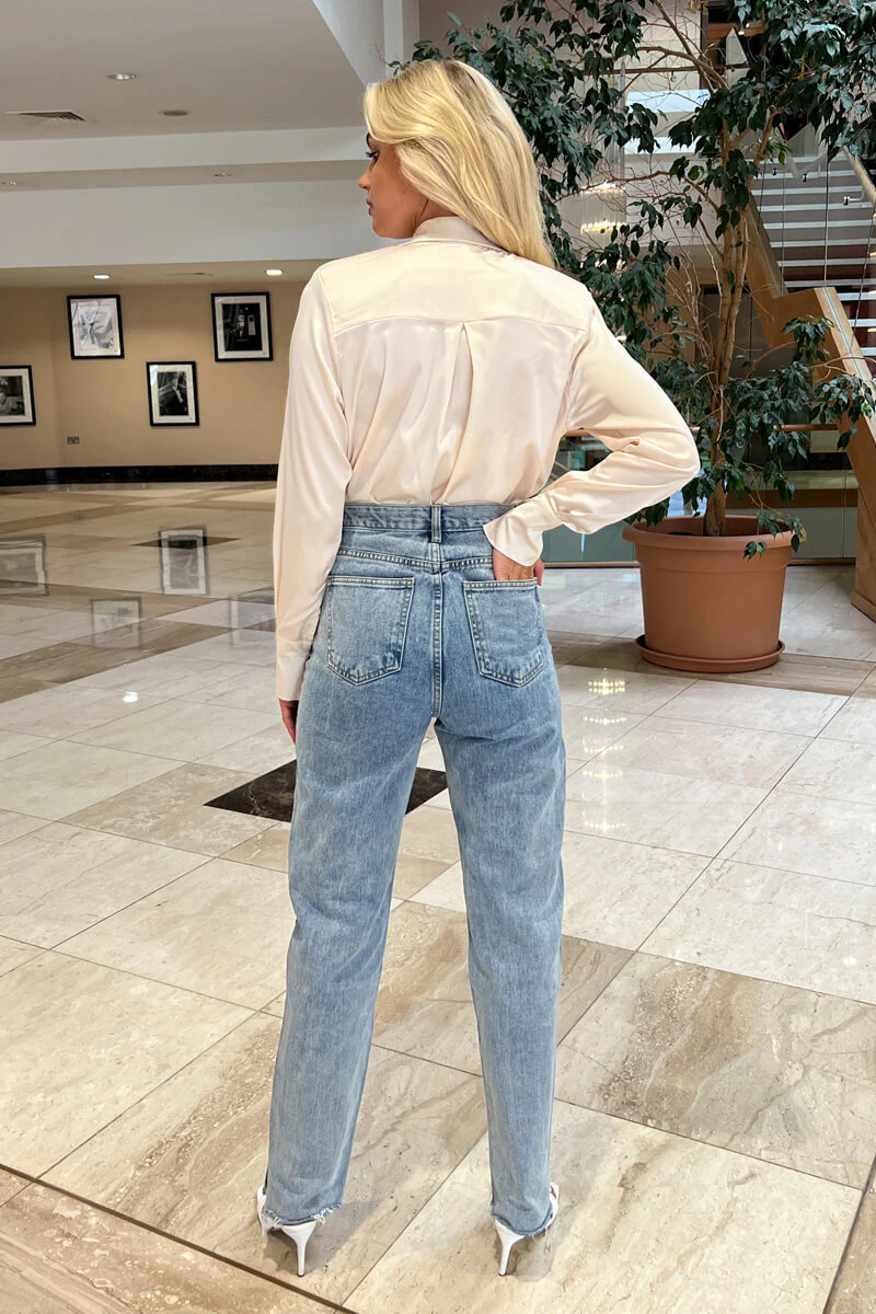 Cream Satin Wrap Shirt Bodysuit - Image 4