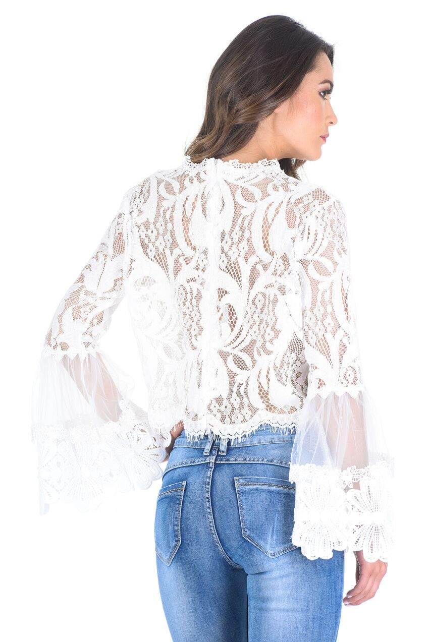 Cream Sheer Lace Long Sleeve Top - Image 3