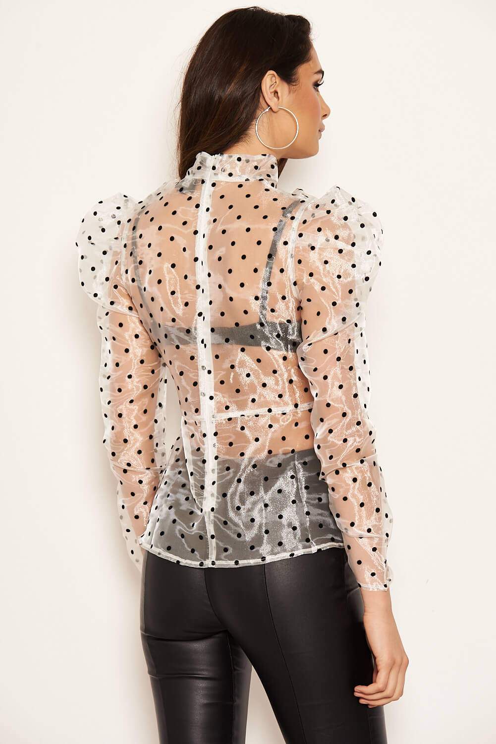 Cream Sheer Polka Dot Puff Sleeve Top - Image 3