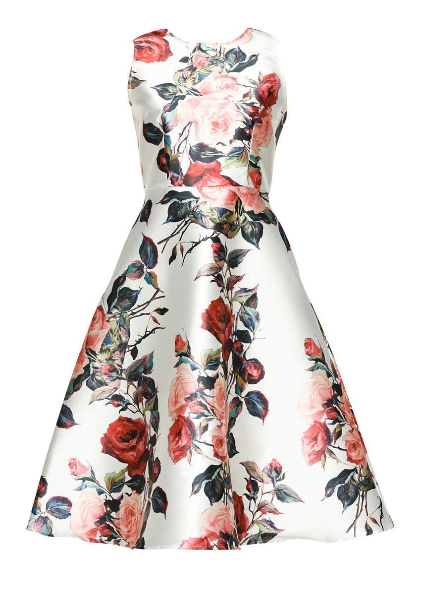 Cream Sleeveless Skater Midi Dress with Rose Print - Image 4