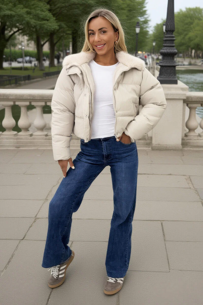 Cream Split Hood Short Puffer Coat - Image 2