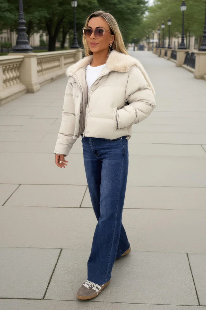 Cream Split Hood Short Puffer Coat - Image 3