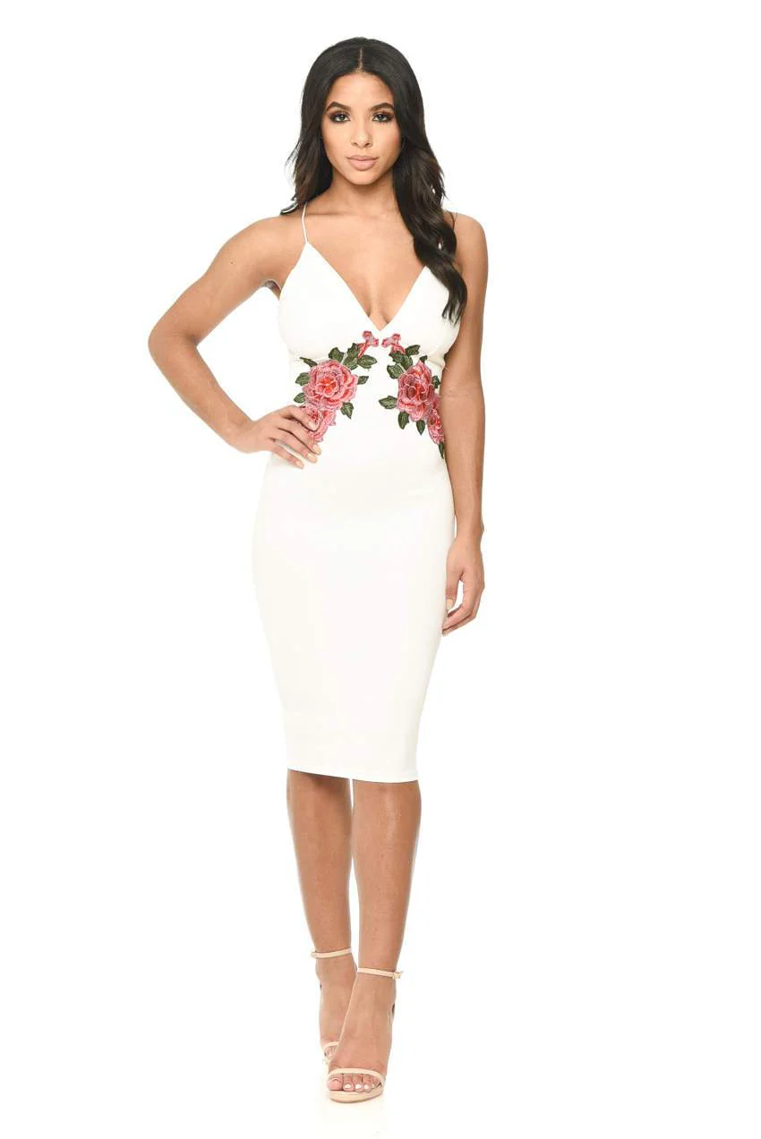 Cream Strappy Embroidered Bodycon Midi Dress - Image 2
