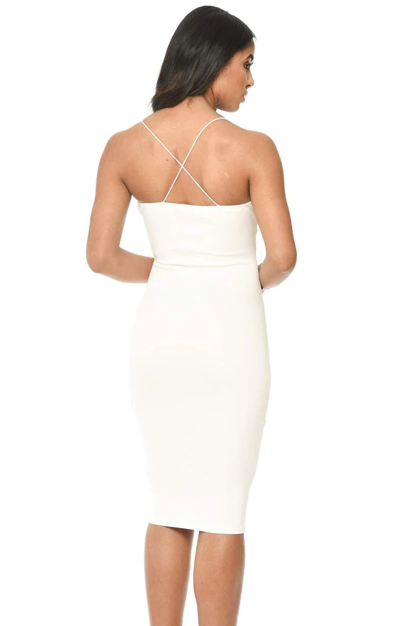 Cream Strappy Embroidered Bodycon Midi Dress - Image 3