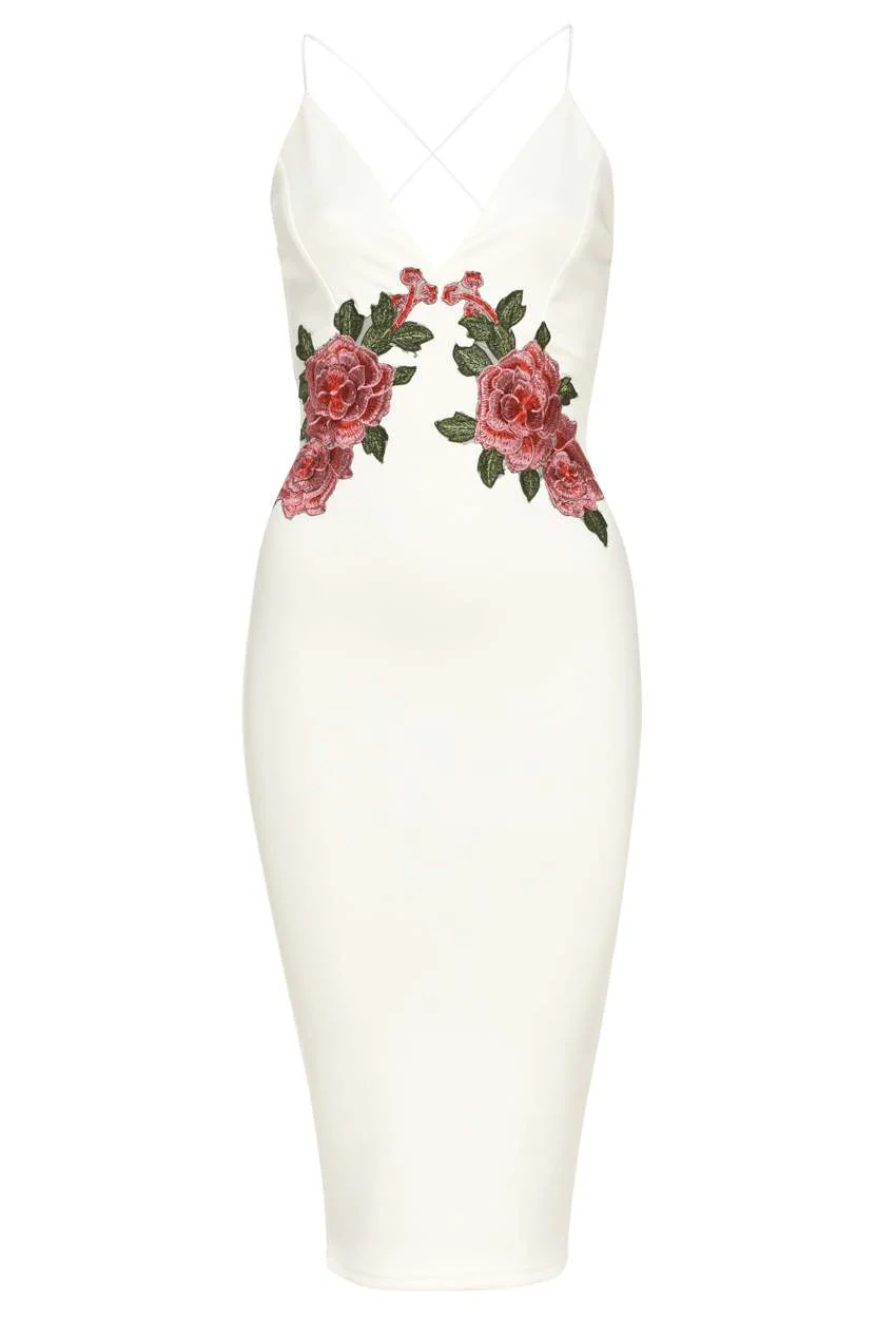 Cream Strappy Embroidered Bodycon Midi Dress - Image 4