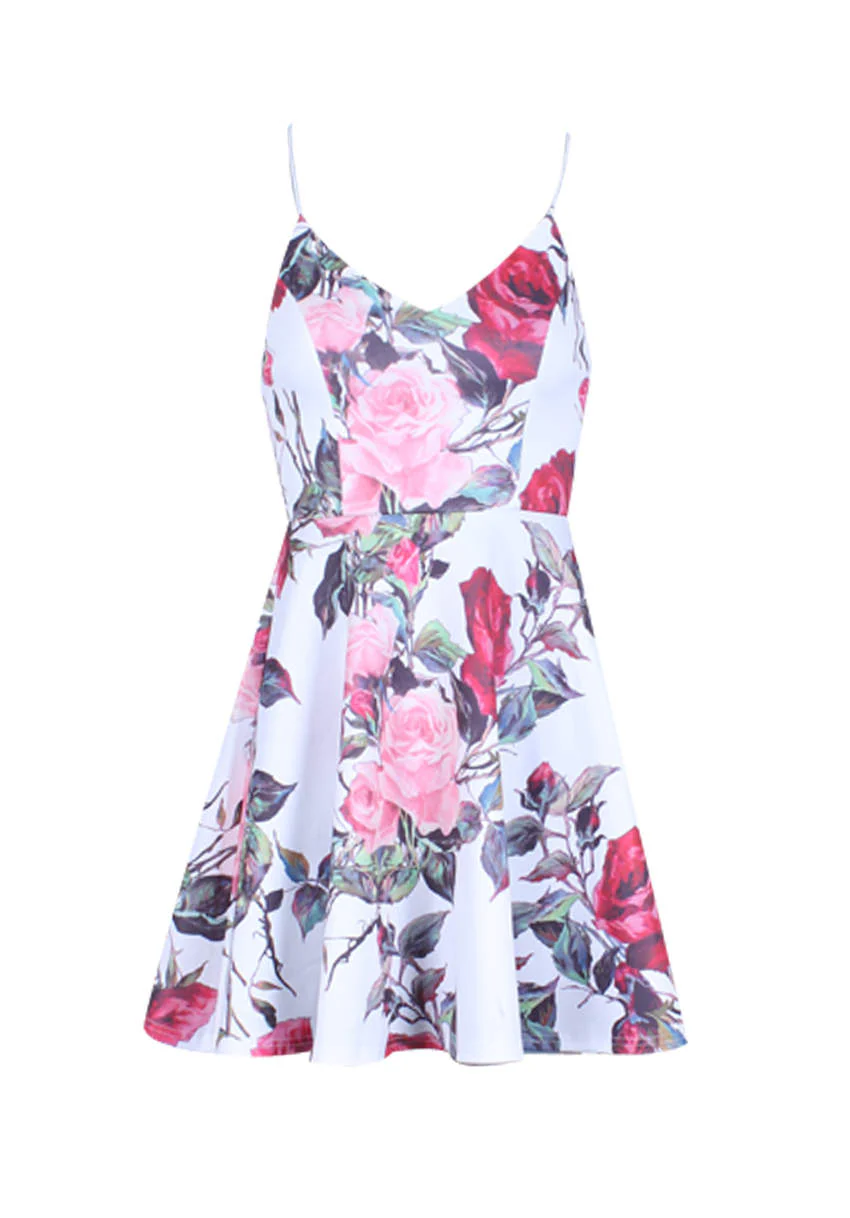 Cream Strappy Floral V-Neck Skater Dress - Image 4