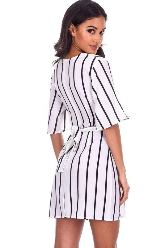 Cream Striped Eyelet Tie Waist Dress - Image 3