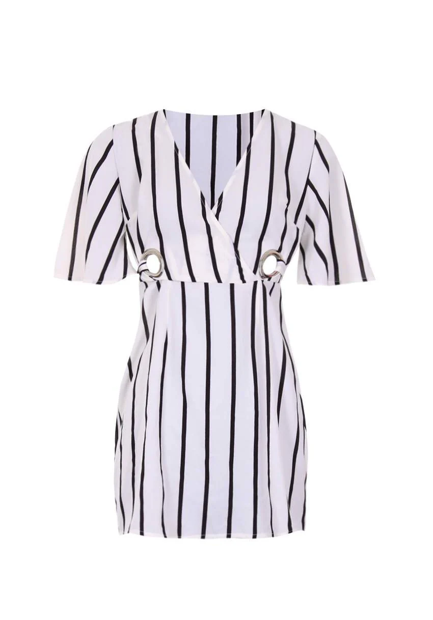 Cream Striped Eyelet Tie Waist Dress - Image 4