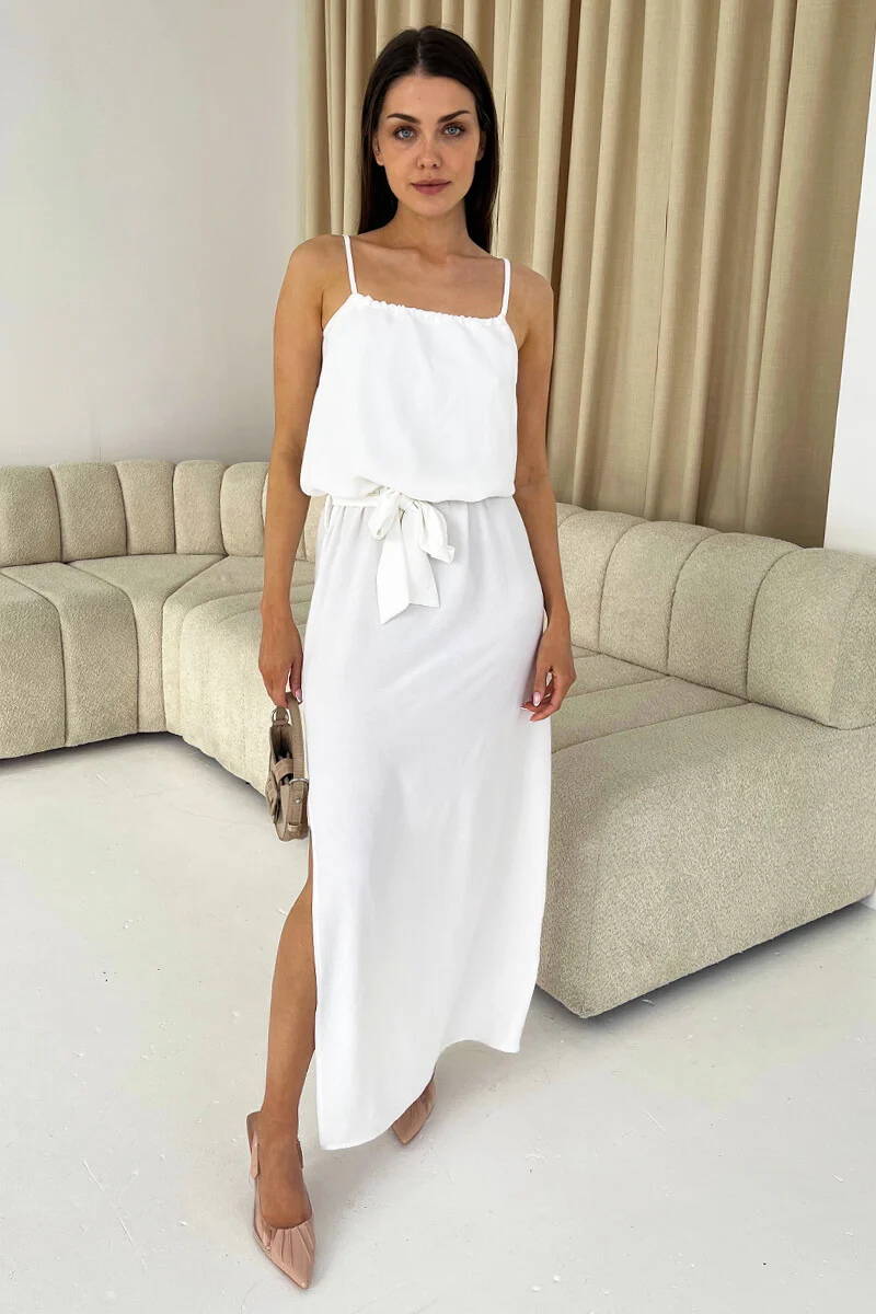 Cream Tie Waist Strappy Split Leg Midi Dress - Image 3