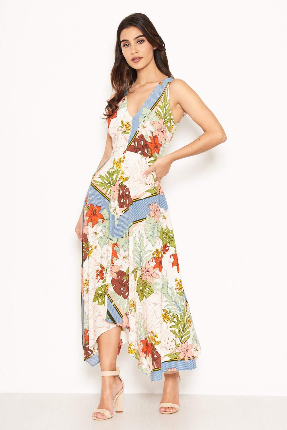 Cream Tropical V Neck Maxi Dress - Image 4