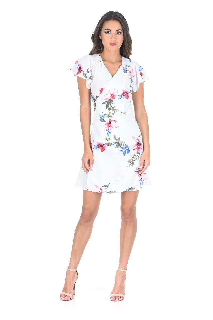 Cream Wrap Front Floral Skater Dress - Image 2