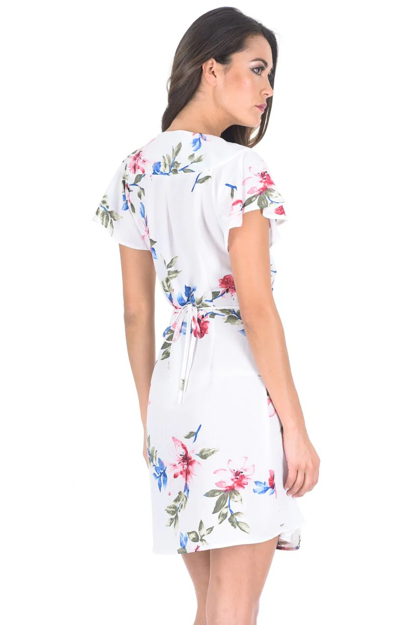 Cream Wrap Front Floral Skater Dress - Image 3