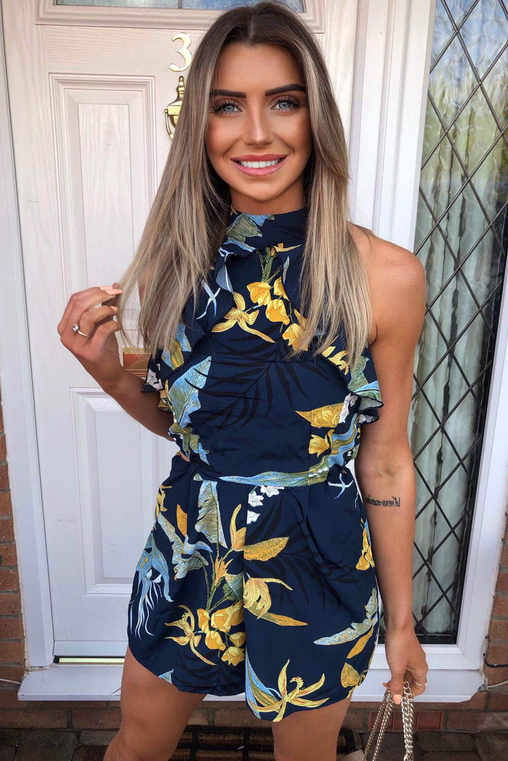 Cut Out Floral Printed Playsuit - Image 3