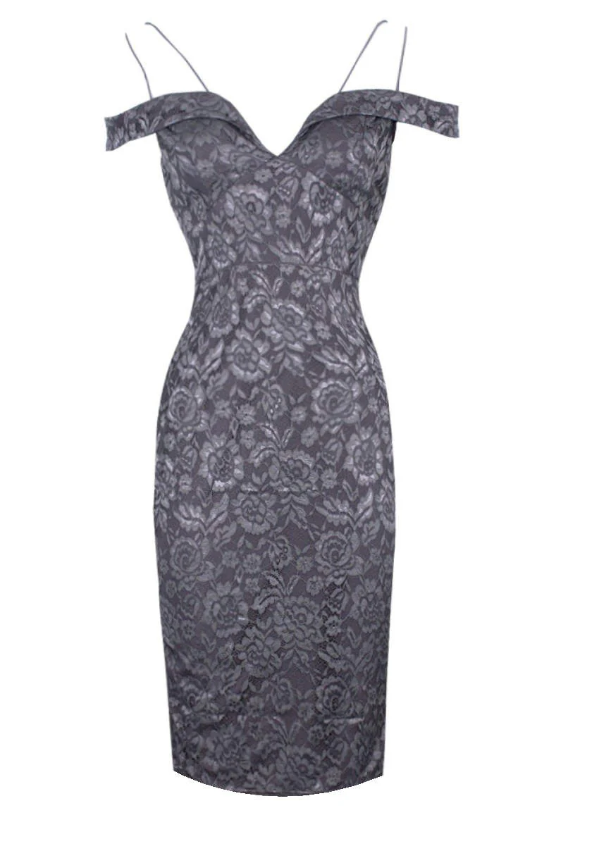 Dark Grey Lace Midi Dress - Image 4