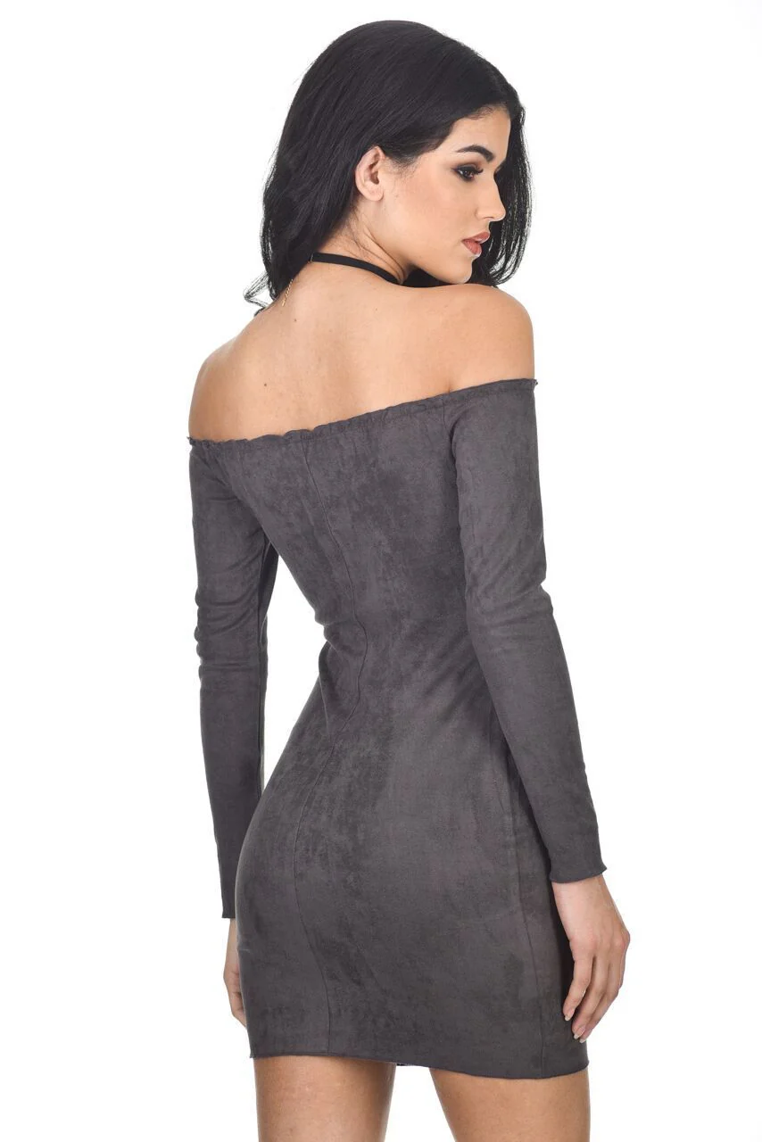 Dark Grey suede Bodycon dress - Image 3