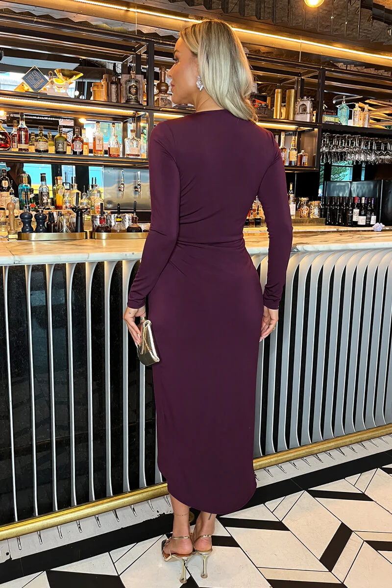 Dark Plum Long Sleeve Ring Detail Wrap Midi Dress - Image 5
