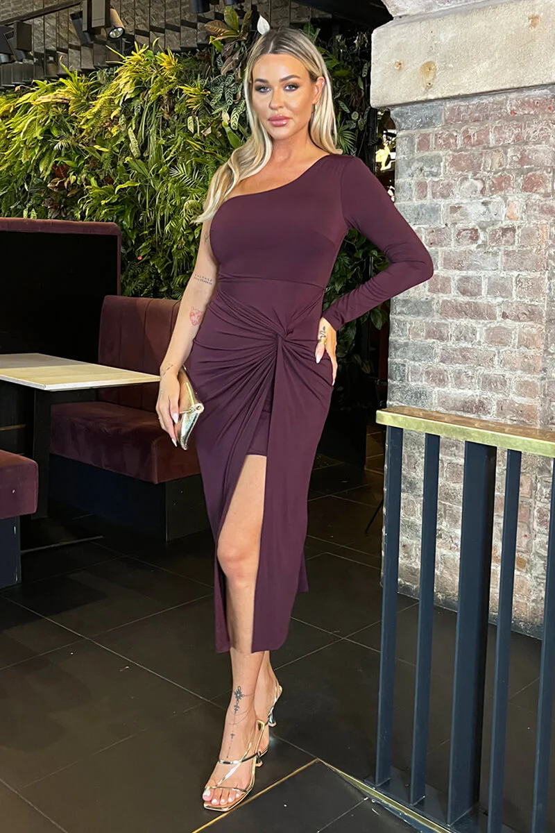 Dark Plum One Sleeve Knot Skirt Midi Dress