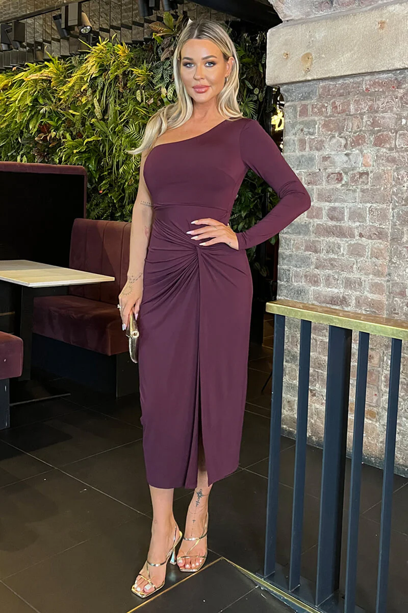 Dark Plum One Sleeve Knot Skirt Midi Dress - Image 3