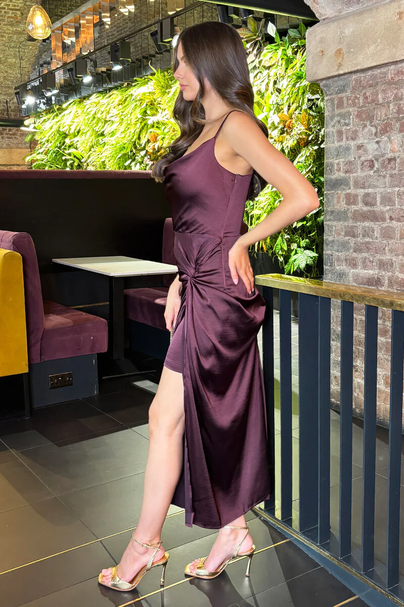 Dark Plum Satin Cowl Neck Knot Skirt Midi Dress - Image 4