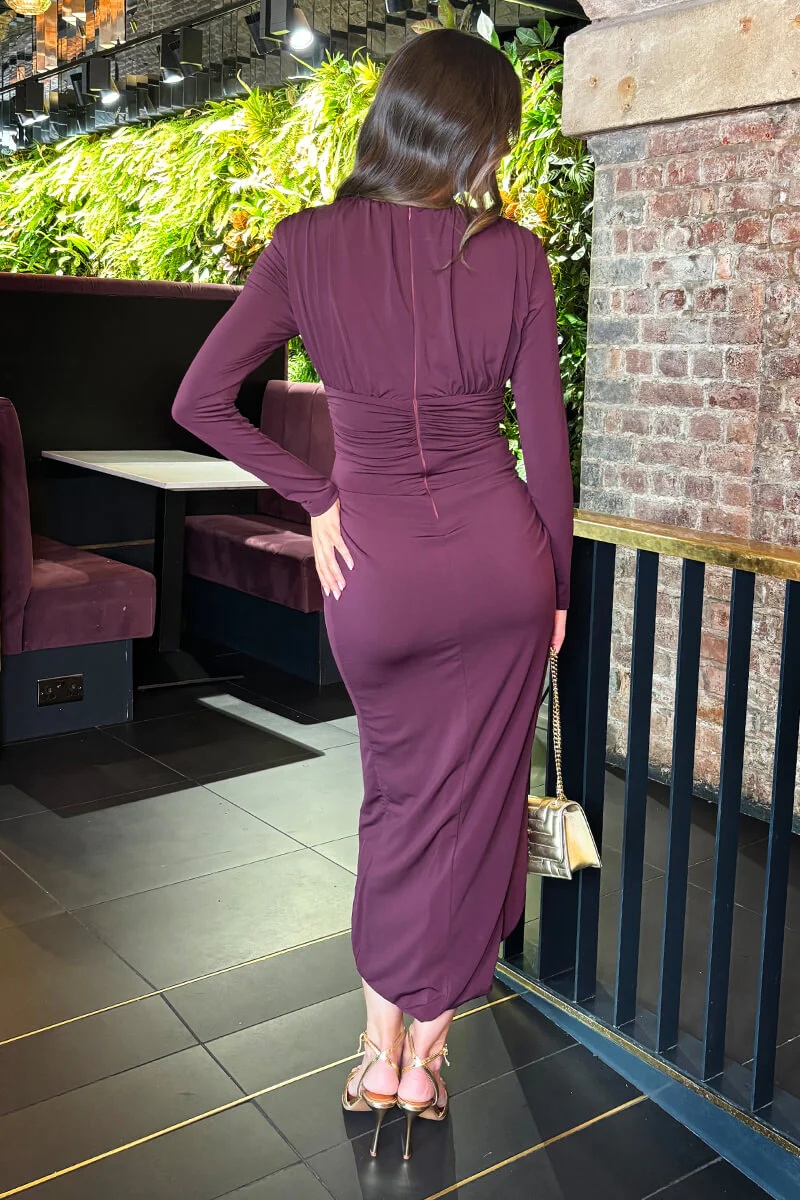 Dark Plum V Neck Long Sleeve Wrap Skirt Midi Dress - Image 5