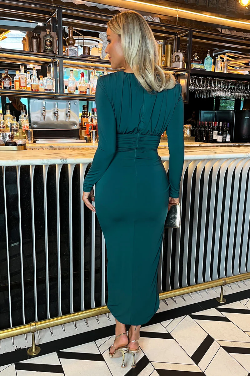 Dark Teal V Neck Long Sleeve Wrap Skirt Midi Dress - Image 5