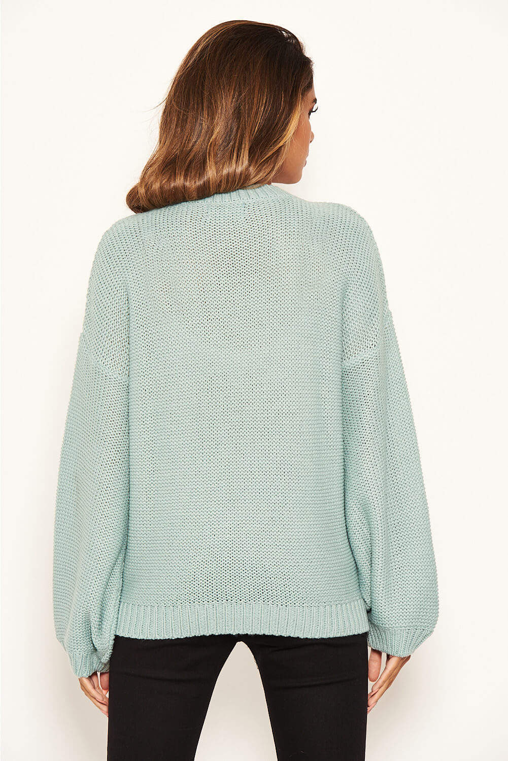 Duck Egg Cable Knitted High Neck Jumper - Image 3