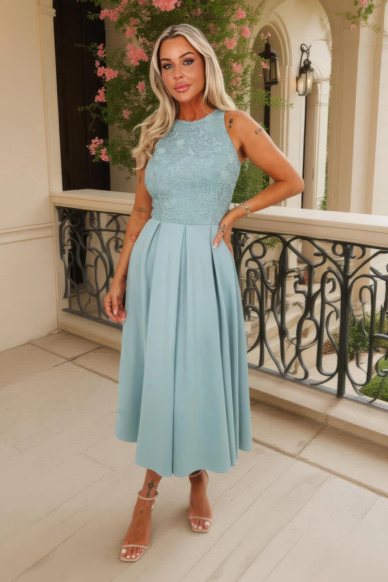 Duck Egg Embroidered Top Overlay A-Line Skirt Midi Dress - Image 3
