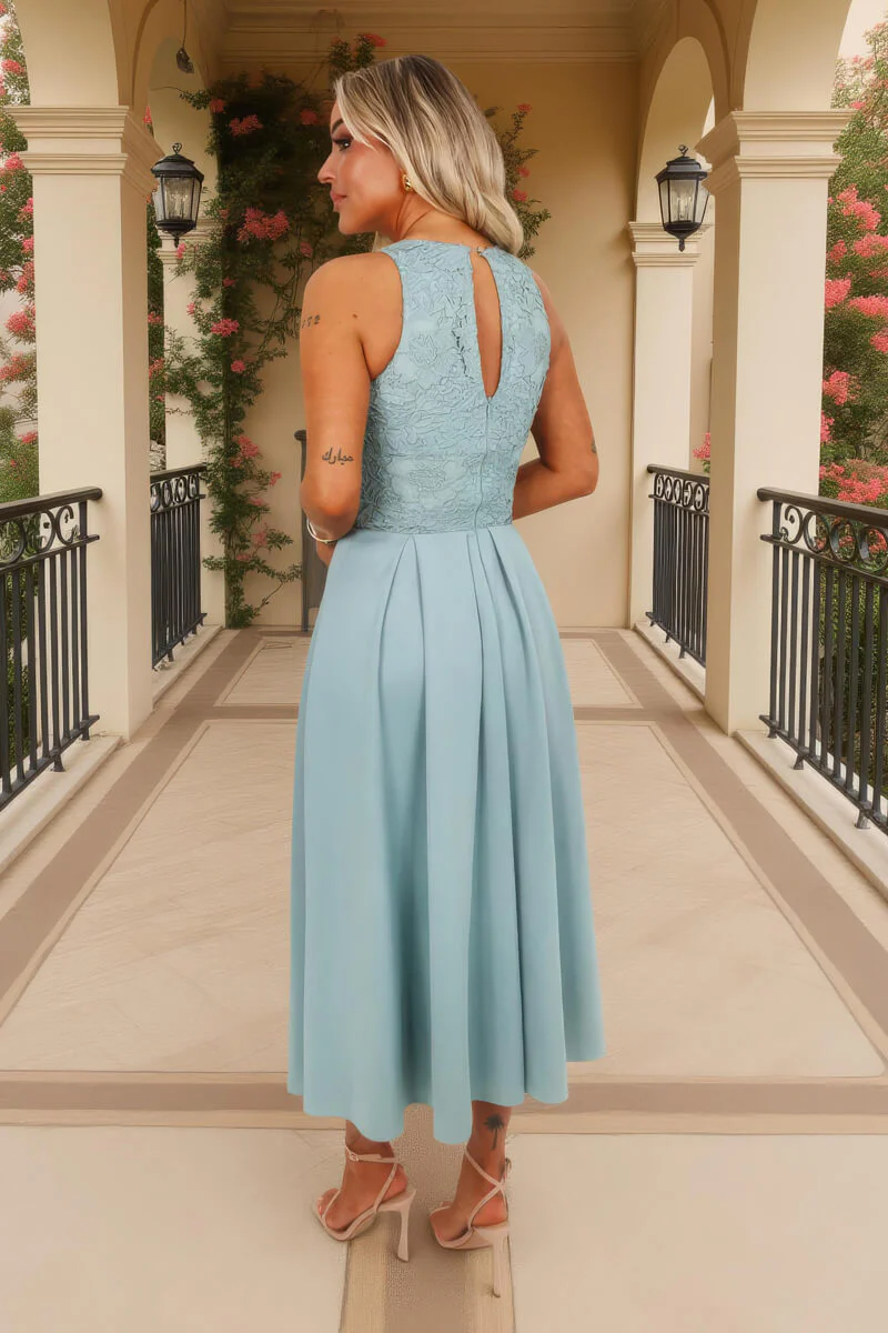 Duck Egg Embroidered Top Overlay A-Line Skirt Midi Dress - Image 5