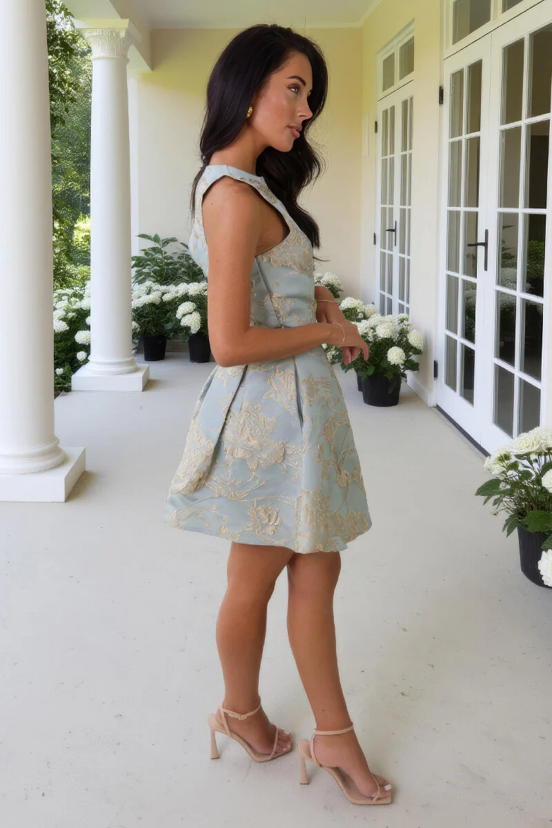 Duck Egg Floral Jacquard Racer Neck Skater Mini Dress - Image 4