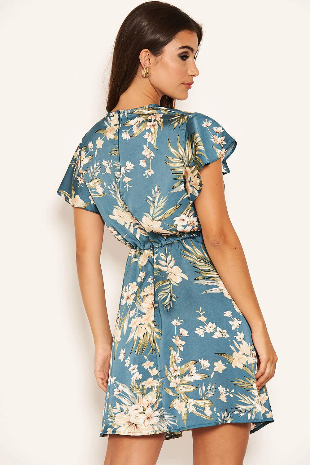 Duck Egg Floral Pleated Wrap Dress - Image 3