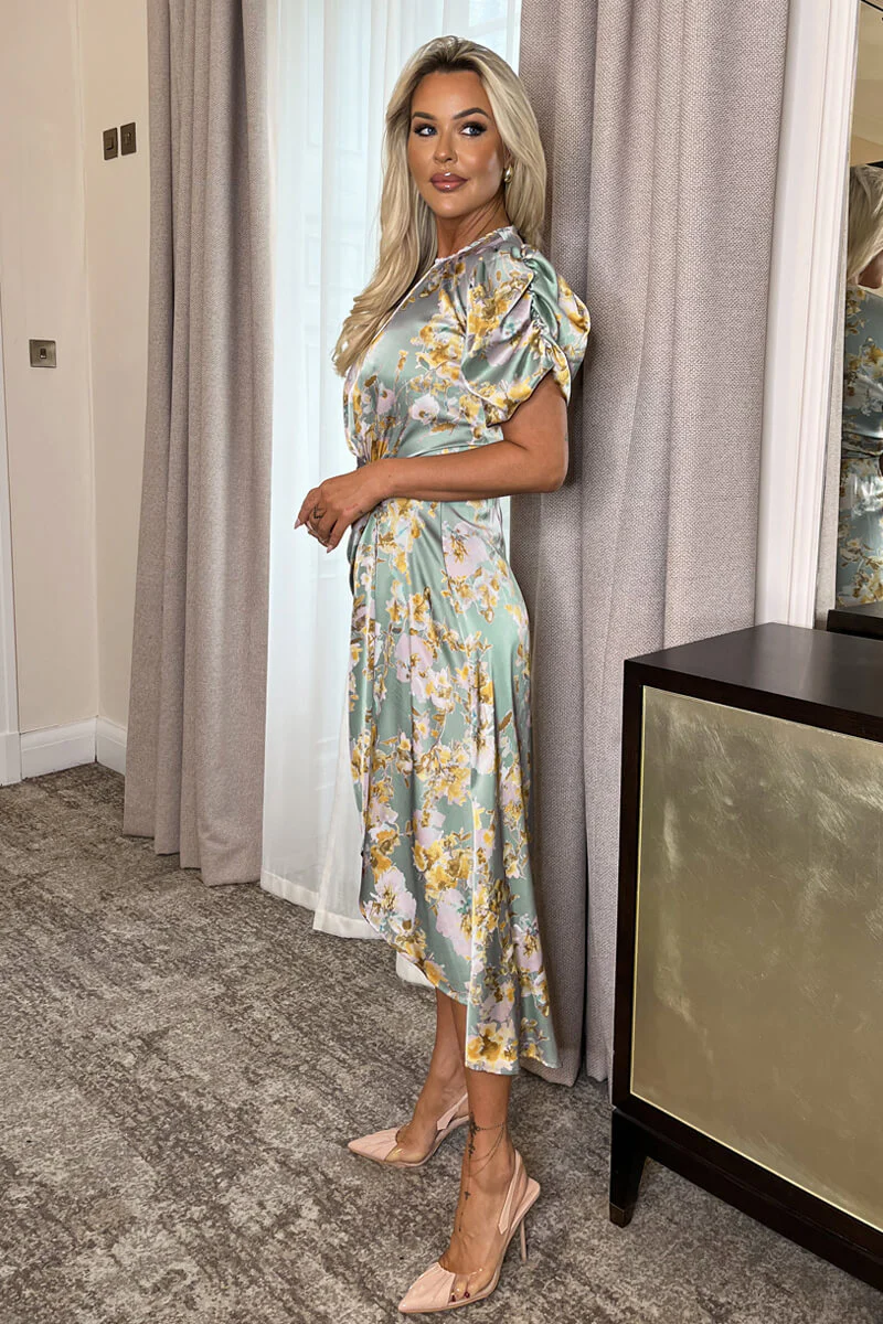 Duck Egg Floral Print Puff Sleeve Gathered Side Midi Dress - Image 4