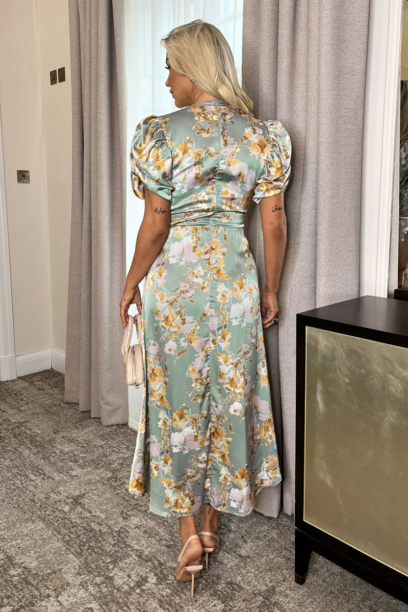 Duck Egg Floral Print Puff Sleeve Gathered Side Midi Dress - Image 5