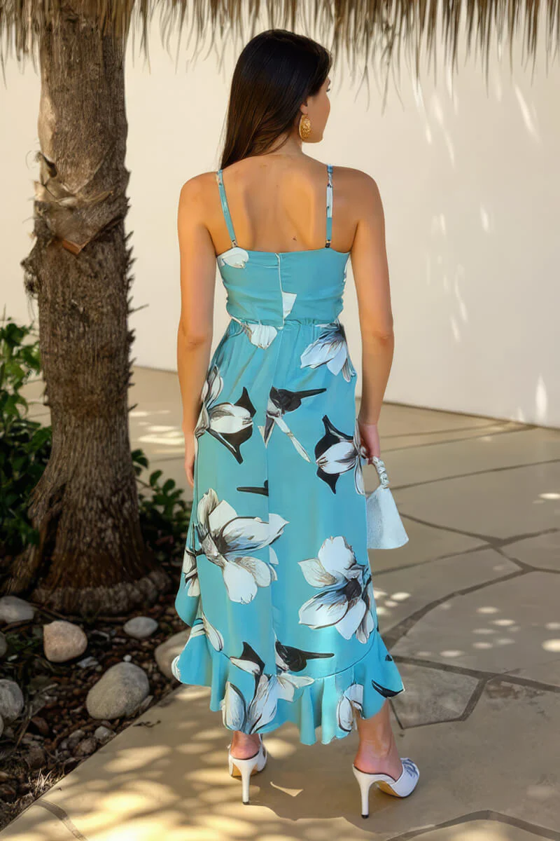 Duck Egg Floral Print Racer Neck High Low Frill Hem Midi Dress - Image 5